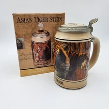 Vintage 1989 Budweiser Endangered Species ASIAN TIGER Beer Stein Mug Lidded 0.5L