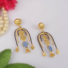 18k Yellow Gold Plated Handmade 925 Silver Blue Chalcedony Gemstone Earrings