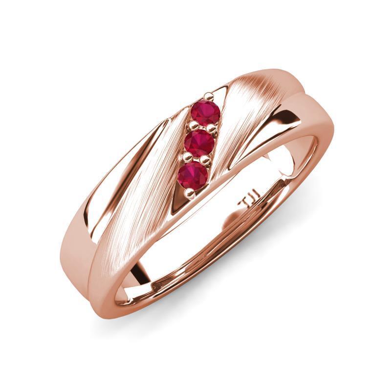 Round Ruby Angled Brushed Men 3 Stone Wedding Band 14K Gold Round Ruby Angled Brushed Men 3 Stone Wedding Band 14K Gold