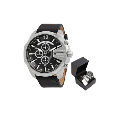 DIESEL DZ4559SET BLACK CHRONOGRAPH DIAL BLACK LEATHER STRAP MENS NECKLACE SET