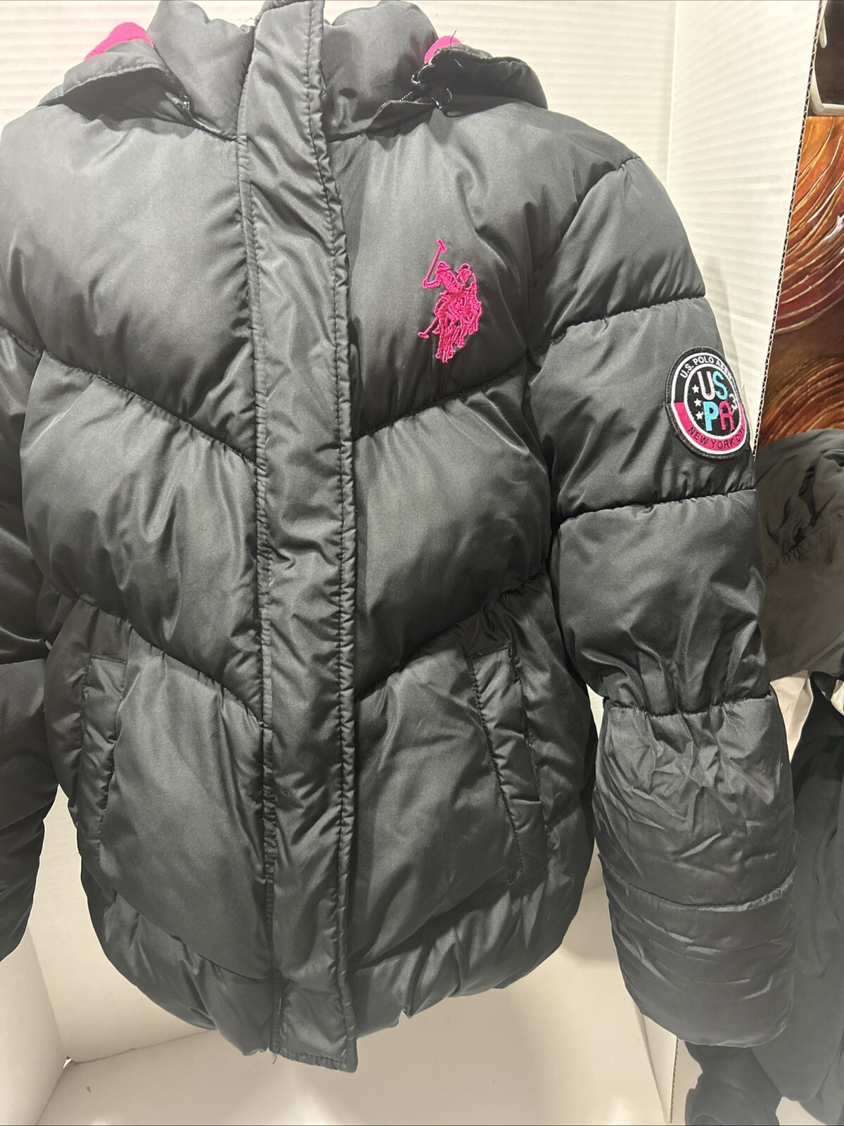 Piumino Polo Ralph Lauren bambina nero rosa pony puffer M 10 12 con cappuccio