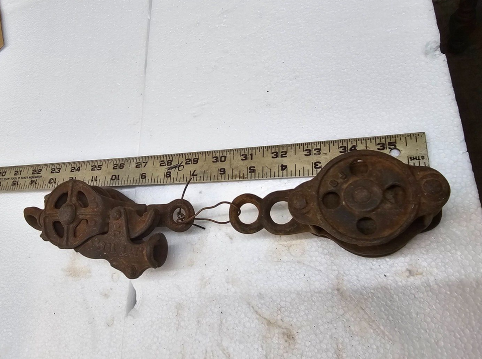 2pcs Vintage Antique Block Tackle Cast Iron Farm Barn Double Pulleys eBay
