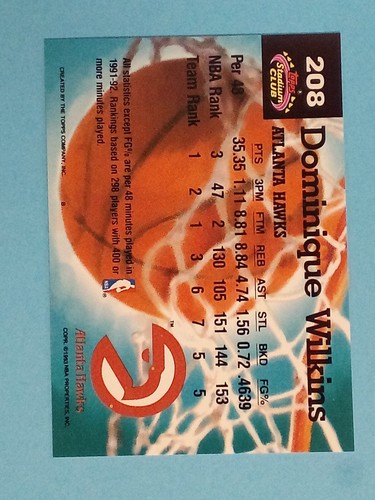 1992-93 Topps Stadium Club MEMBERS ONLY Dominique Wilkins Atlanta Hawks #208 🏀 - Picture 2 of 2