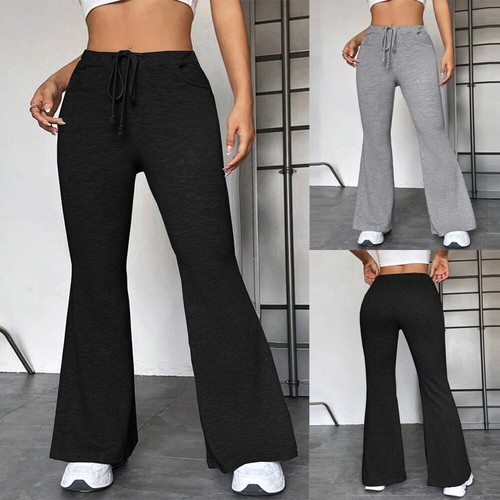 Womens Elastic Waist Flared Joggers Pants Ladies Sport Wide Leg Trousers Bottoms - Picture 2 of 12
