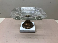 Vintage Large Clear Glass Pedestal Ashtray Ornate Brass & Marble Base