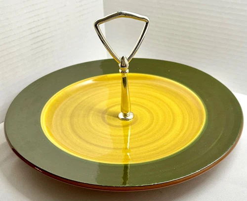 Vintage Stangle Pottery Spun Gold Cookie Plate with Center Metal Holder 10"