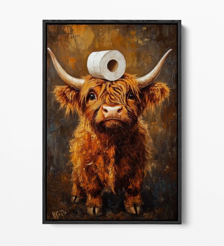 HIGHLAND COW CUTE BATHROOM WALL ART -FLOAT EFFECT FRAMED CANVAS ART PRINT - Picture 5 of 12
