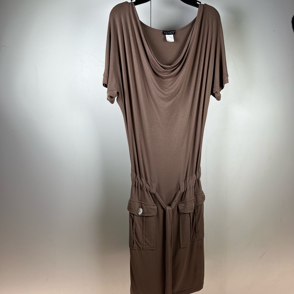 Venus Womens Shift Dress Brown Stretch Drape Neck Short Sleeve Drawstring  XS | eBay