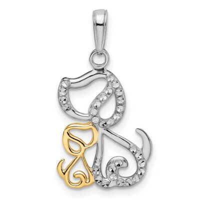 Real 14kt and White Rhodium Diamond-cut Dog and Puppy Pendant