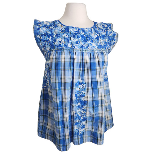 MI GOLONDRINA Soledad Blouse Women's Small Floral Ruffle Top Lago Blue Plaid