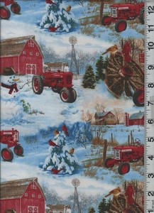 1 Yard Farmall Fabric Snow Landscape Red Tractor 44" Wide Quilt Shop Quality A