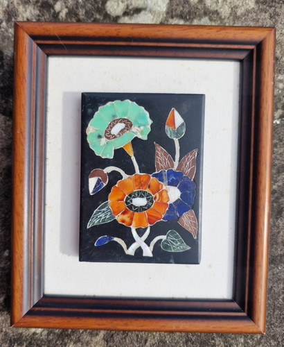 Vintage Italian Pietra Dura Floral Plaque, Florentine Stone Inlay, Mid Century