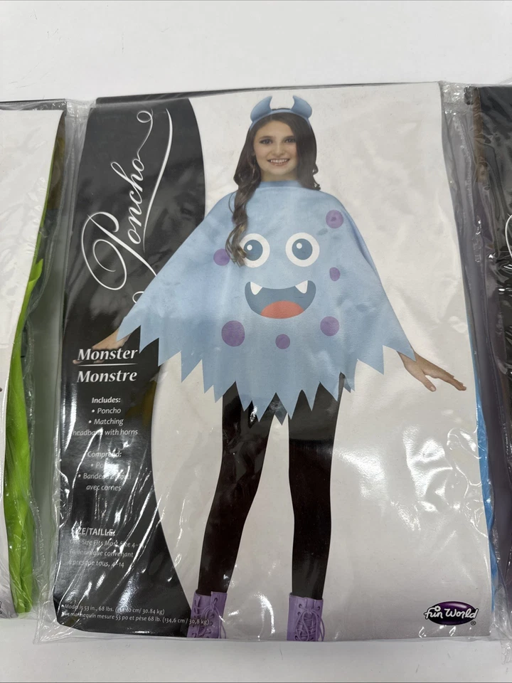 Lote 3 Poncho Fantasia de Halloween Monster Child Adolescente Tamanho Único Compatível com a Maioria 4-14 Novo com etiquetas - Imagem 3 de 4