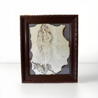 Vintage Faeries Inspired Fantasy Pencil Art Signed Robin 86 Carved Wood Frame