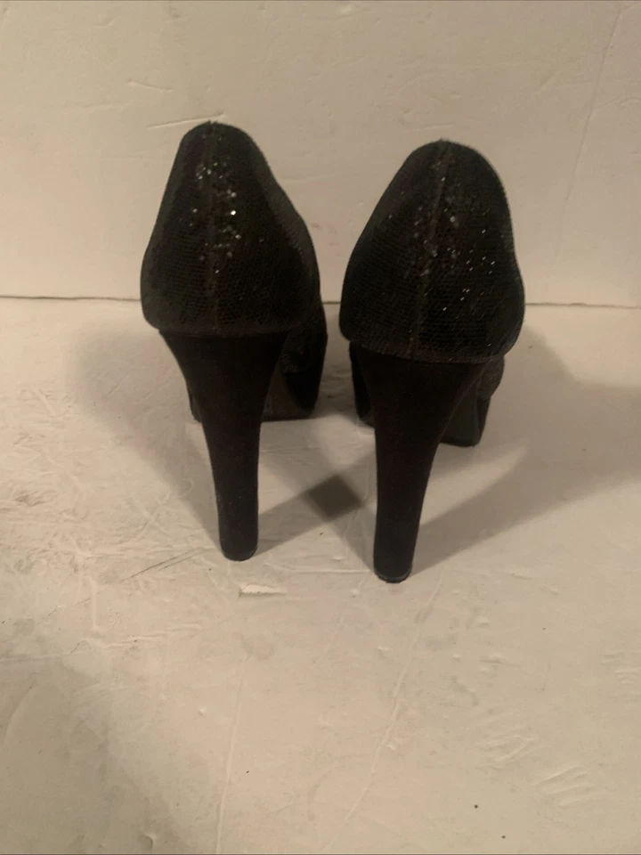 Forever 21 Vintage Años 90 Y2K Negro Brillo Peep Toe Plataforma Tacones Talla 7 Foto 4 de 4