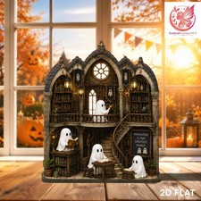 Ghost Library Halloween Wooden Block, Haunted Book Nook Shelf Decor