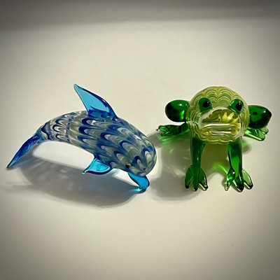 Fitz Floyd Glass Menagerie Frog AND Dolphin Art Glass Figurines Vintage 2003
