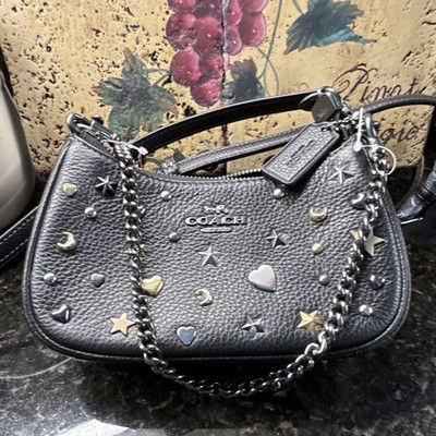 Coach Black Zip Wristlet Pouch w/ Detachable Strap Star Studded Accents