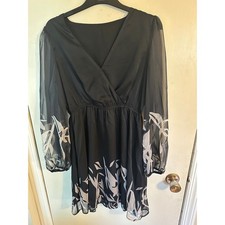 Cupshe Black White Botanical Leaf Print Long Sheer Sleeve Mini Dress M NWT