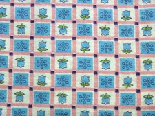 Vtg Feedsack Fabric Full Open Pink Squares W/  Blue Tulips and Daisies 36.5x44"