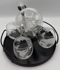 Kemstood Whiskey Globe Glass Decanter Ship In A Bottle W/4 Glasses/Tray Earth