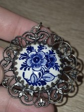 Delft Blue And White Porcelain Pendant Silver Tone Vintage