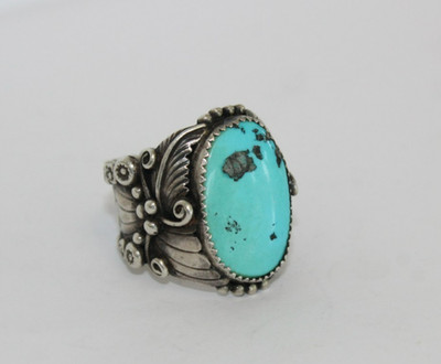 Handgefertigter Navajo Sterlingsilber verzierter Türkis Blumen Bandring Gr: 10 [066WEA