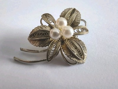 Vintage Brosche Blumenbrosche Floraldesing Filigran Perlen Faux Edel Silber?
