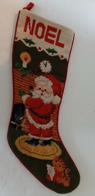 Vintage Needlepoint Christmas Stocking  Santa Cat Noel Retro