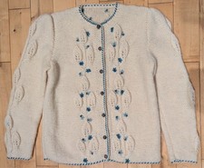 Lovely Vintage Hand Knit Wool Mohair Cardigan Sweater Cream w/ Blue Trim Sm/P