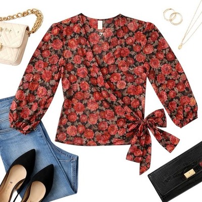 MNG Mango Committed Sheer Floral Wrap Blouse Black Pink Red Roses US 8 is NWT