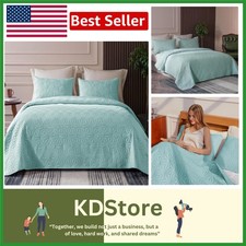 Twin Quilt Set - Soft Aqua Blue Geometric Star Pattern Lightweight Bedding