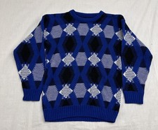 Vintage Sweater Fits Sz S Abstract Blue Black Geometric Made in USA