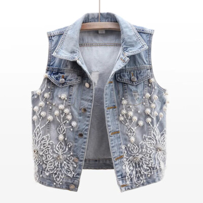 Women Beaded Embroidered Floral Denim Waistcoat Sleeveless Jean