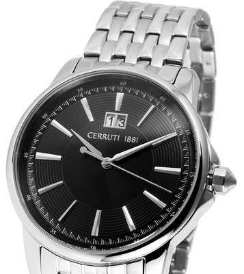 Herrenuhr Armbanduhr Schwarz/Silber Edelstahl-Glliederarmband Datum CERRUTI 1881