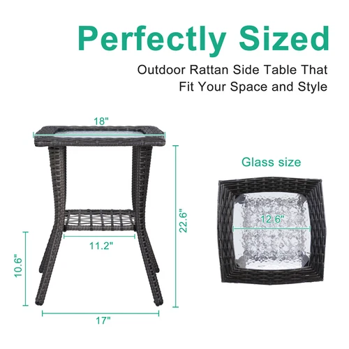 New Outdoor Wicker Side Table Rattan End Table with Glass Top for Indoor Garden - Picture 4 of 9