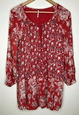 Free People Size Medium Red Floral Print Boho Tunic Dress Long Sleeve Tassels