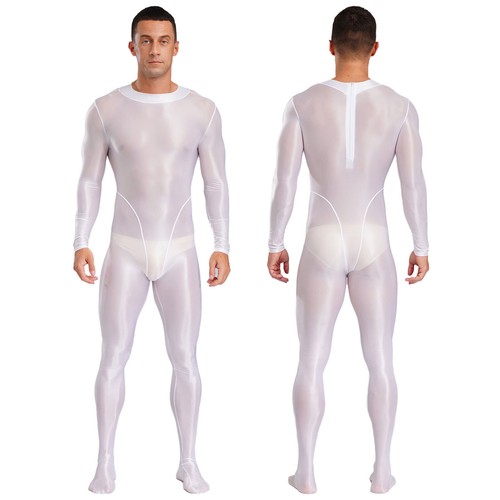Mens Glossy Bodysuit Zip Back Suit Long Sleeve Leotards Footed Jumpsuit Bodysuit - Picture 11 of 68