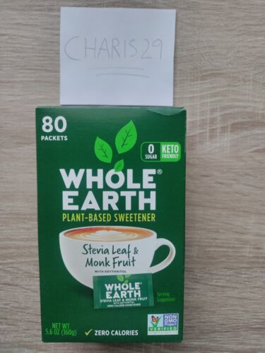 Whole Earth Plant-Based Sweetener, Stevia Leaf & Monk Fruit, 80 Packets (5.6oz)