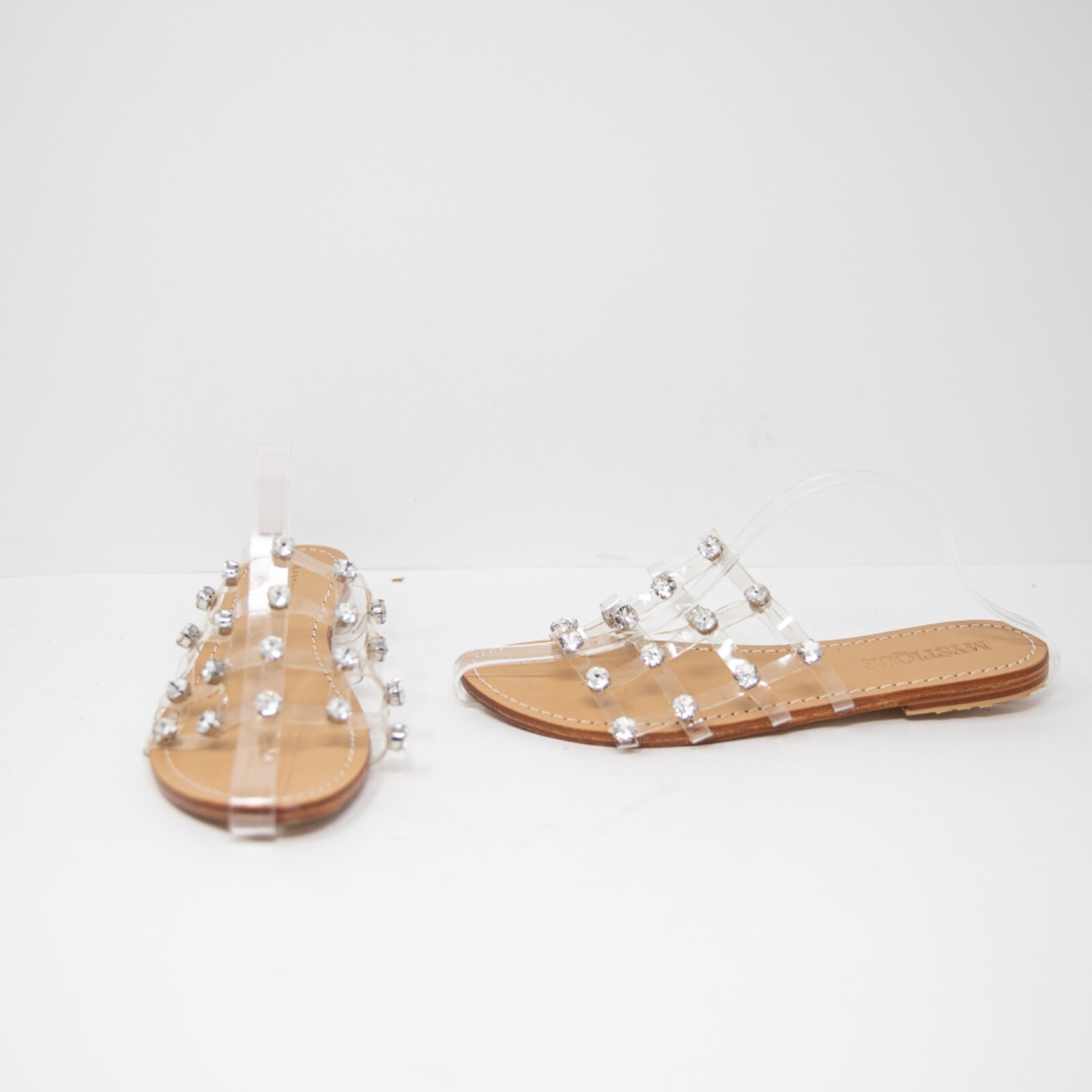 Sandalias planas Mystique Jewel cristal diamante jaula transparente punta abierta zapatos camel 10