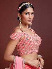 Ethnic Peach Organza Silk Embroidery  Sequence Work Lehenga Choli For Women