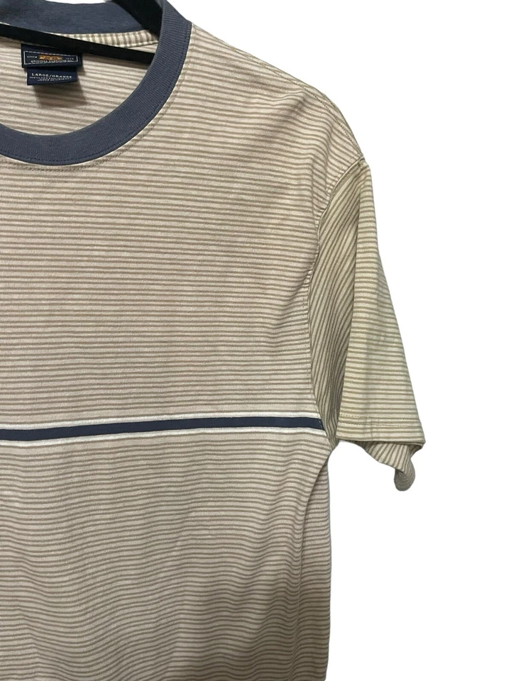 Camisa Pullover Route 66 Para Hombre Tostada Rayas Con Borde Azul Cuello Redondo Talla L-De Colección Foto 2 de 4