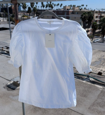 Title: A.L.C. White Puff Sleeve T-Shirt Women's Two-Tone Ruched Sleeve Chic Top 