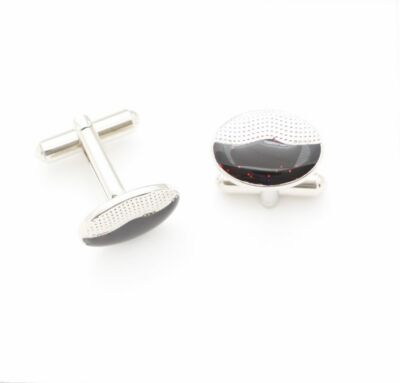 C0641 CUFF LINKS CUFFLINKS OVAL SHINY RED SPOTS ON BLACK DOT WAVE LINE CUTE NEW