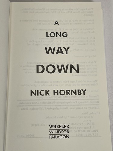 A Long Way Down by Nick Hornby Hardcover Large Print Adventure Thriller 2005 - Imagen 7 de 13