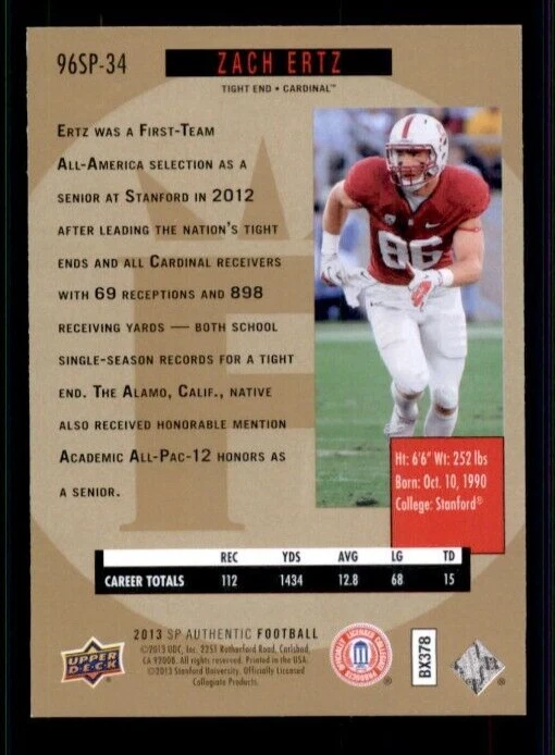 2013 SP Authentic 1996 SP #96SP34 Zach Ertz. - Image 2 of 2