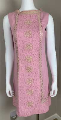 Carlye Moygashel Pink Lace Floral Shift Dress Woven Linen Ireland Women  Sz