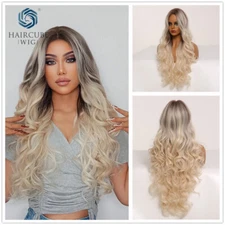 Long Ombre Platinum with Dark Root Wigs Wavy SYNTHETIC WIGS for Women Daily
