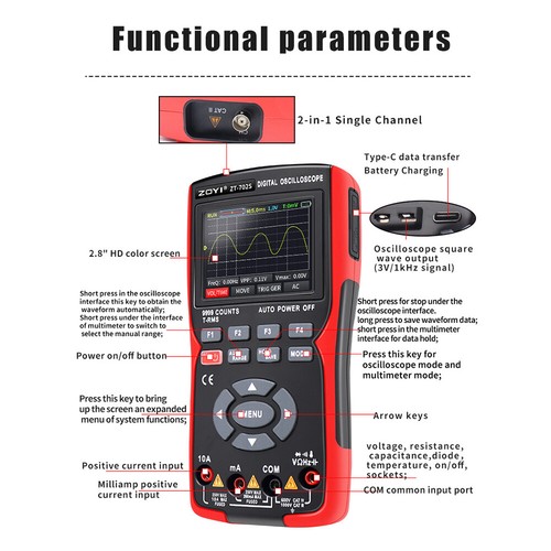 ZT-702S Digital Oscilloscope Multimeter AC/DC Voltmeter Ammeter Ohmmeter 9999 - Picture 8 of 15