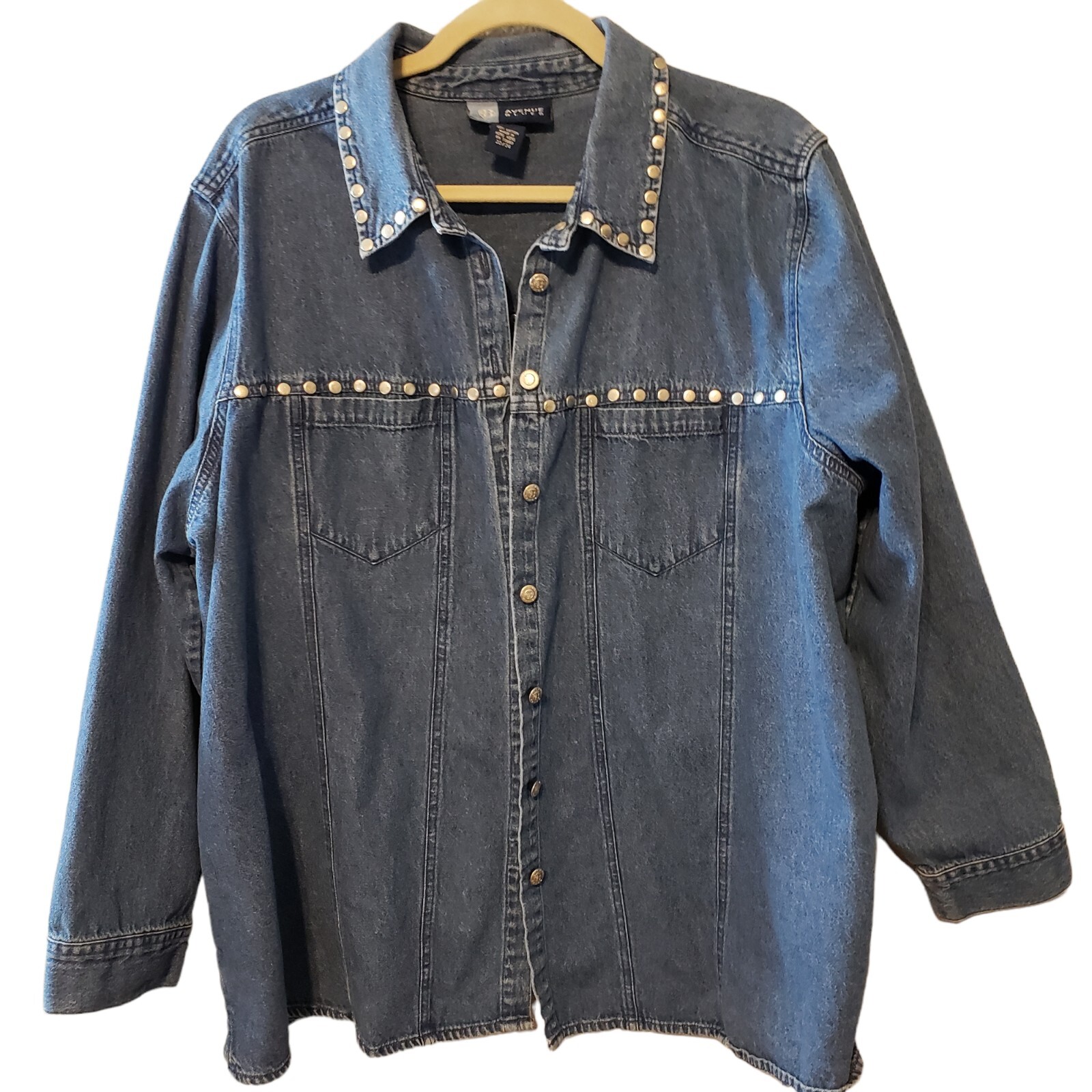 Avenue Blues Womens Button Up Studded Denim Blue Jean Jacket Plus Size 22/24